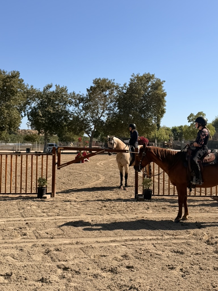 Two riders at a gate obstacle in a sunny sand arena at Hansen Dam